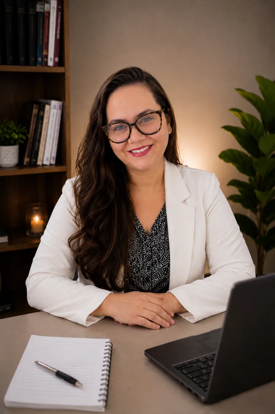Eliscarla Bragança em atendimento online com fone de ouvido